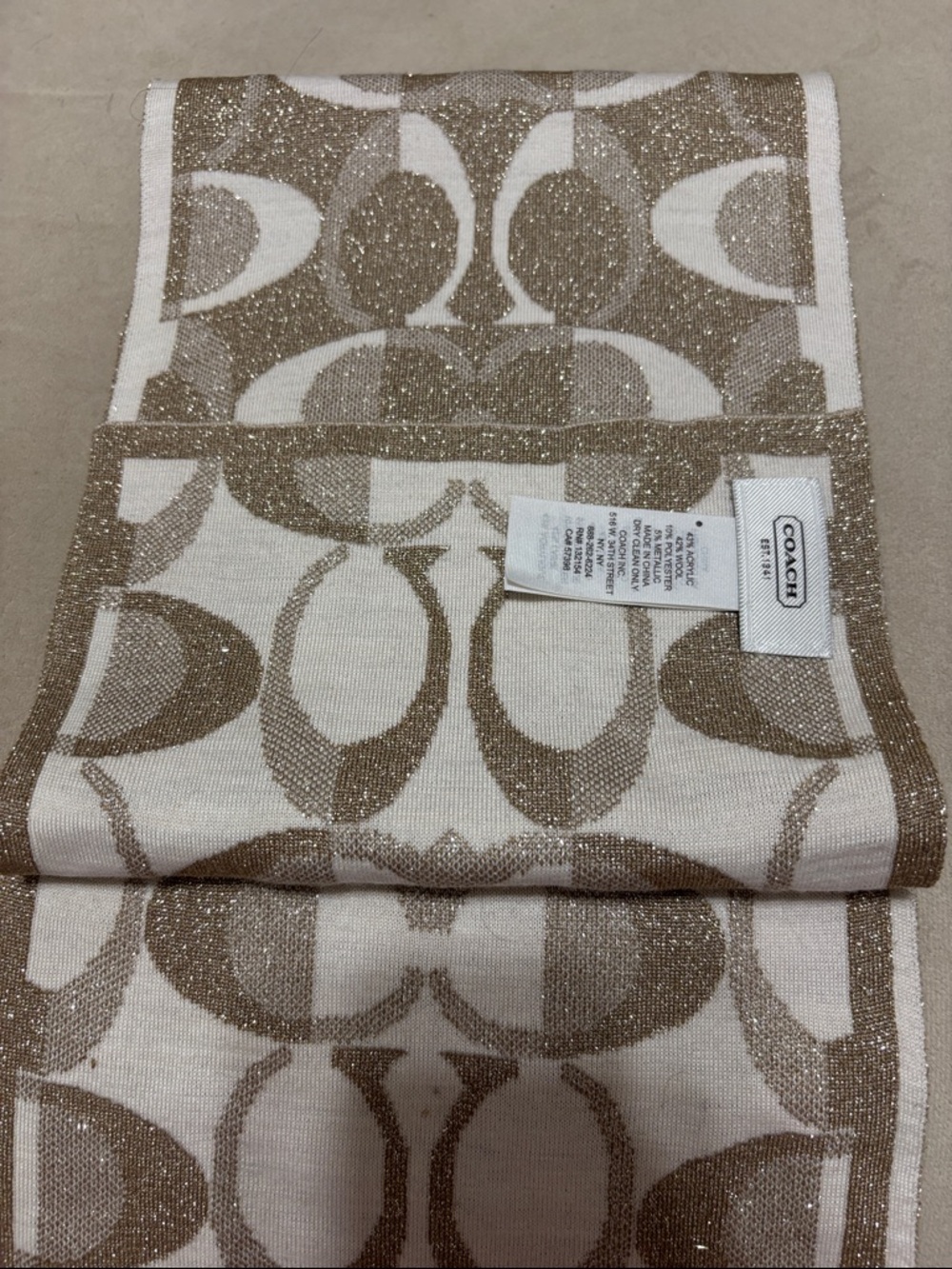 Coach Beige and White Signature Logo Scarf